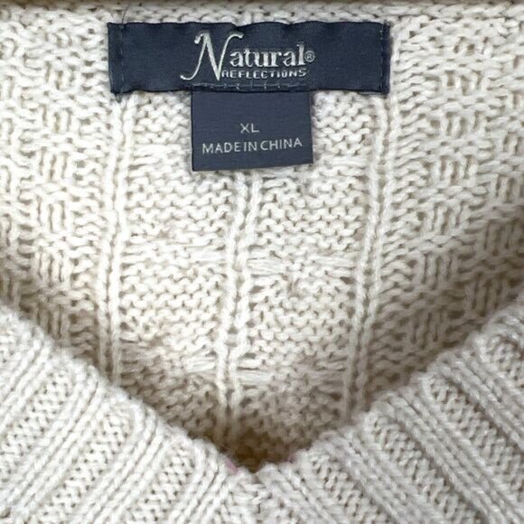 Natural Reflections V-Neck Sweater Oatmeal Cable Knit Fisherman’s Preppy Size XL - Picture 11 of 16